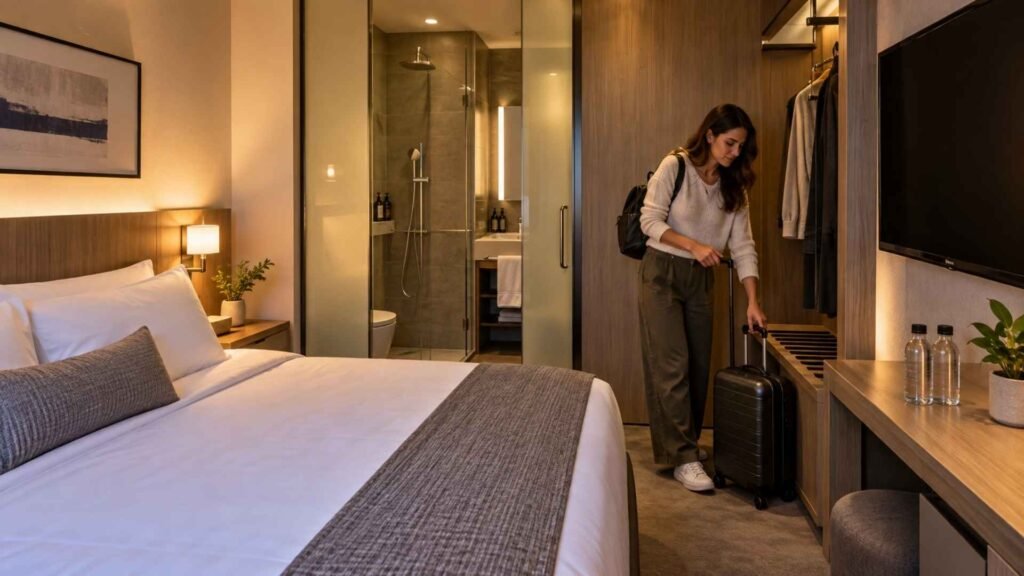 Traveller settling into a compact airport hotel room near Madrid Barajas Terminal 4