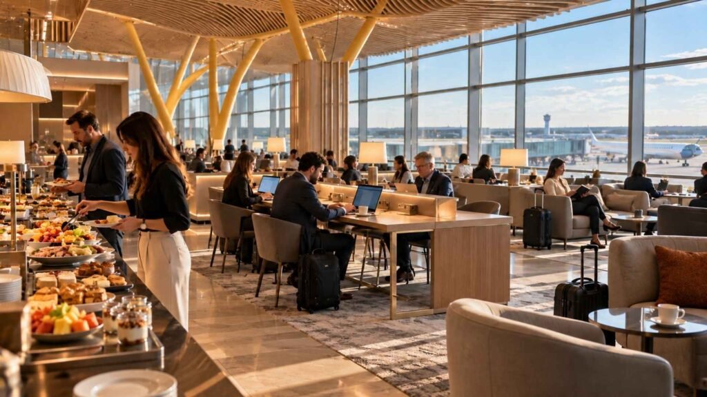 Madrid Barajas Terminal 4 lounge with travellers dining, working and relaxing before flights