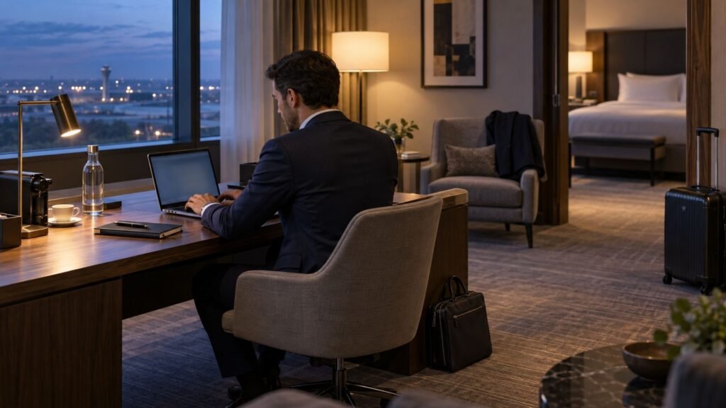 Business traveller working in a spacious hotel suite near Madrid Barajas Airport