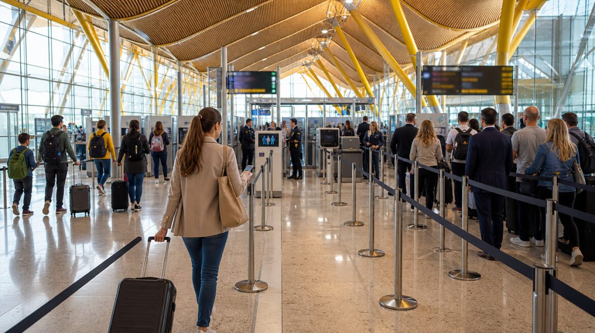 Madrid Barajas Airport Fast Track priority security lane with travellers at the checkpoint