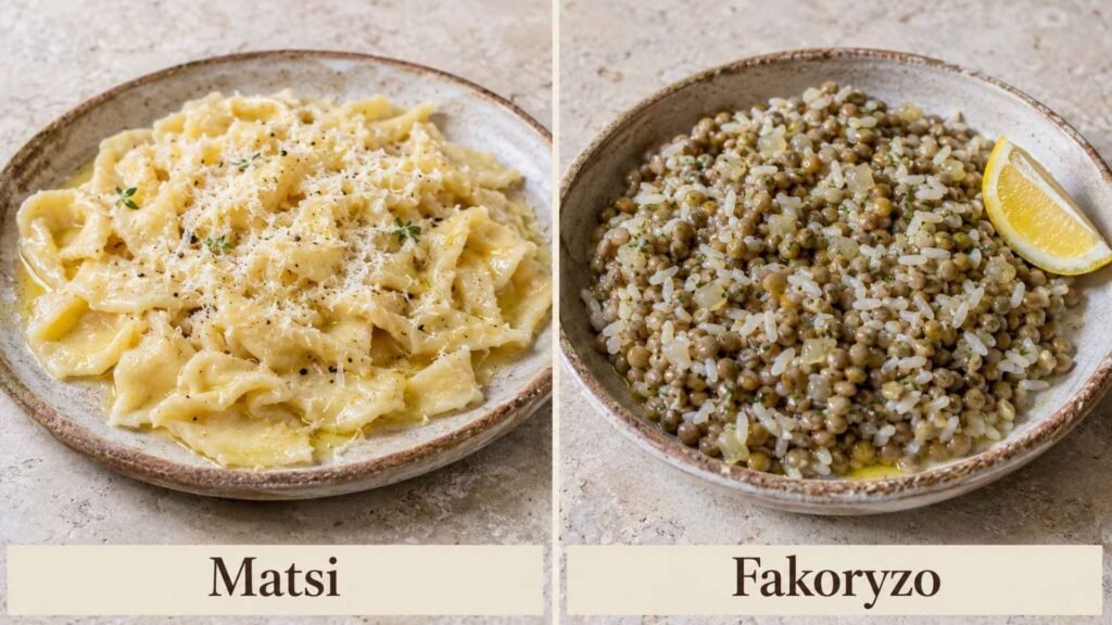Traditional Rhodian matsi pasta with butter and cheese alongside fakoryzo made with lentils, rice and onions.