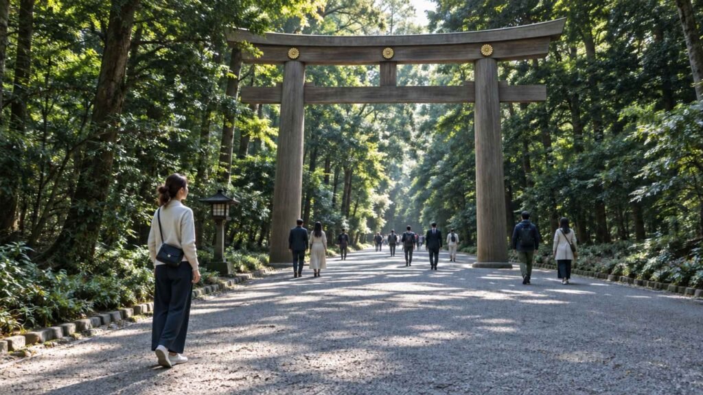 Female traveller approaching the wooden Ootorii gate along the forested gravel path at Meiji Shrine in Tokyo