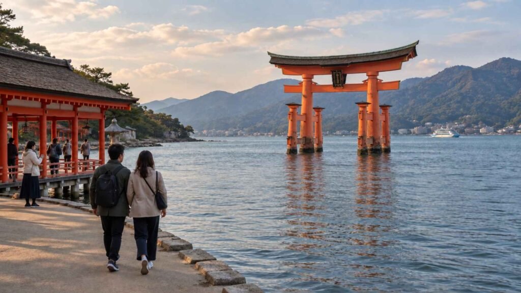 Travelling couple walking beside Itsukushima Shrine as the vermilion O-Torii appears to float at high tide on Miyajima Island