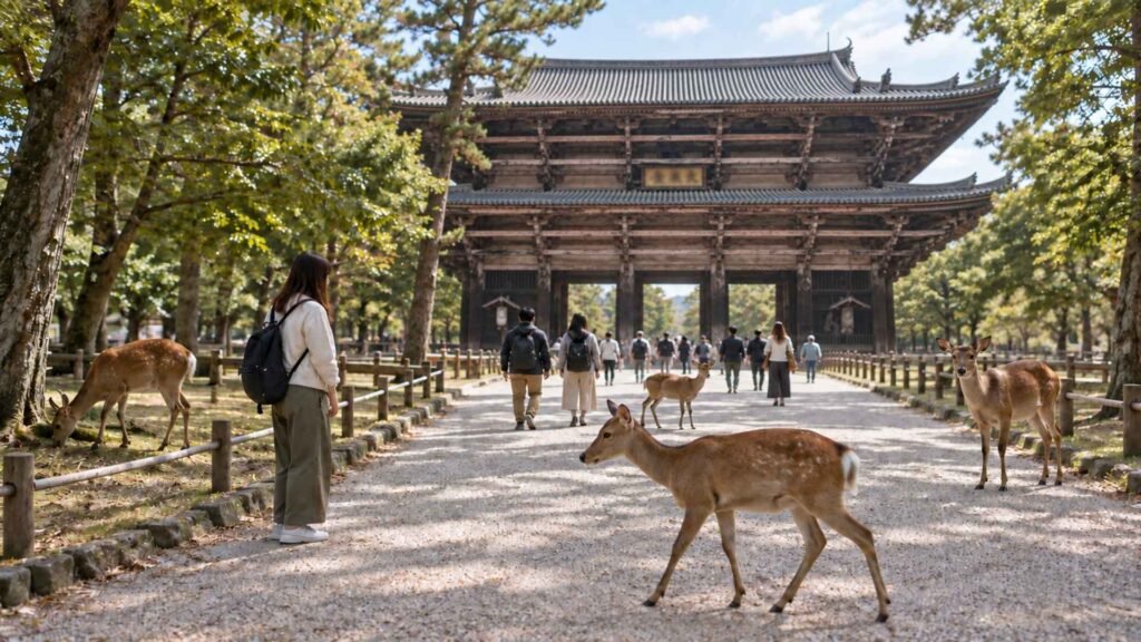 Travellers and free-roaming sika deer approaching Tōdai-ji’s historic Nandaimon Gate in Nara Park during a three-week Japan itinerary