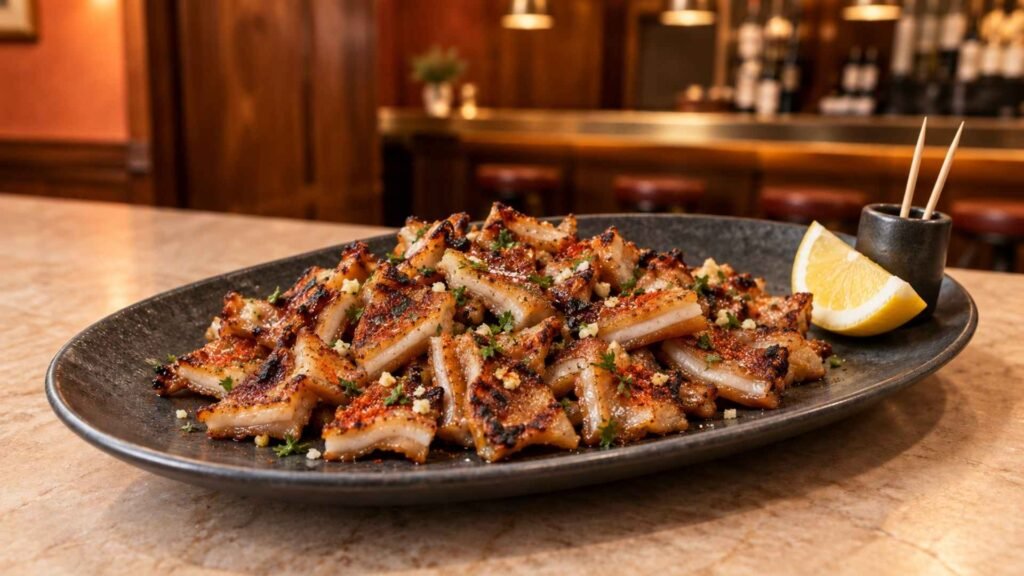 Crispy oreja a la plancha seasoned with garlic and parsley in a Madrid tapas bar