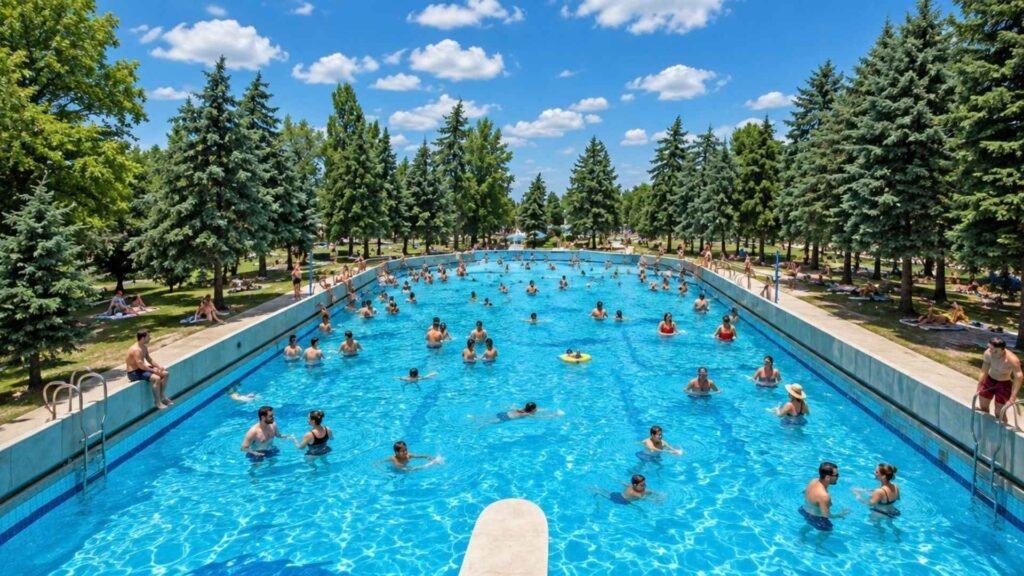 Large, crowded outdoor wave pool filled with swimmers surrounded by pine trees on a sunny summer day.