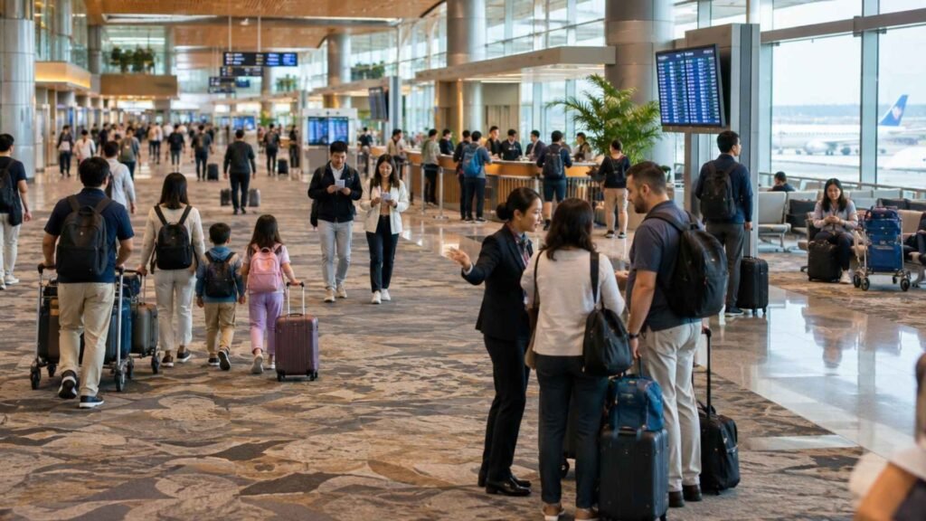 Travellers with luggage checking flight information and receiving directions from airport staff inside a busy Singapore Changi Airport terminal