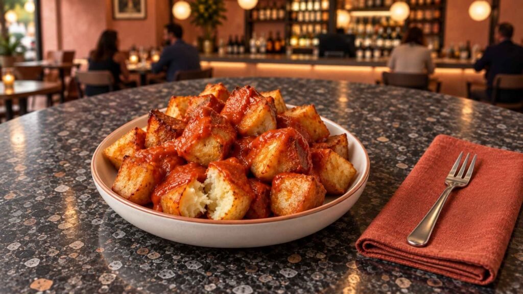 Traditional patatas bravas with salsa brava in a contemporary Madrid vermutería