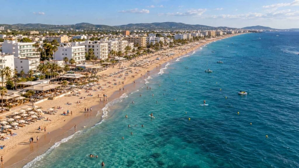 Elevated view along Platja d’en Bossa with swimmers, beachfront hotels, restaurants and a long sandy shoreline