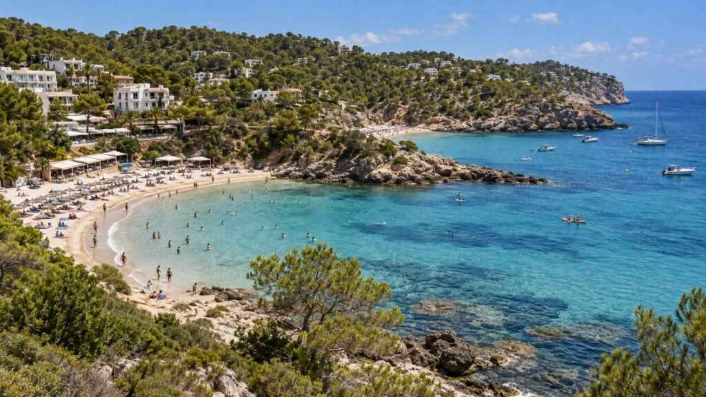 Portinatx beaches and pine-covered coastline in northern Ibiza