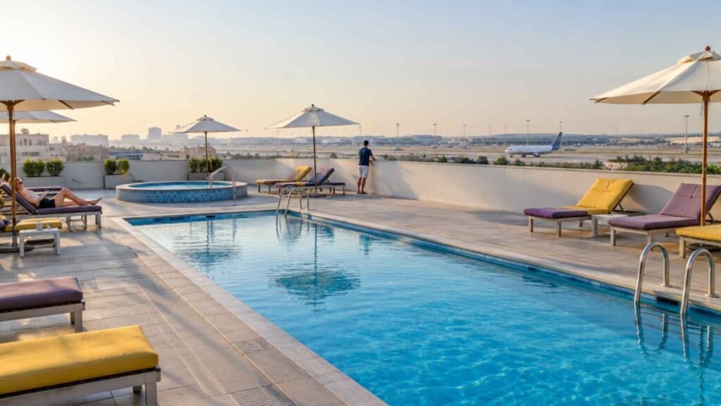 Rooftop swimming pool at Premier Inn Dubai International Airport with yellow and purple loungers, white sun umbrellas and an aircraft visible on the distant runway.