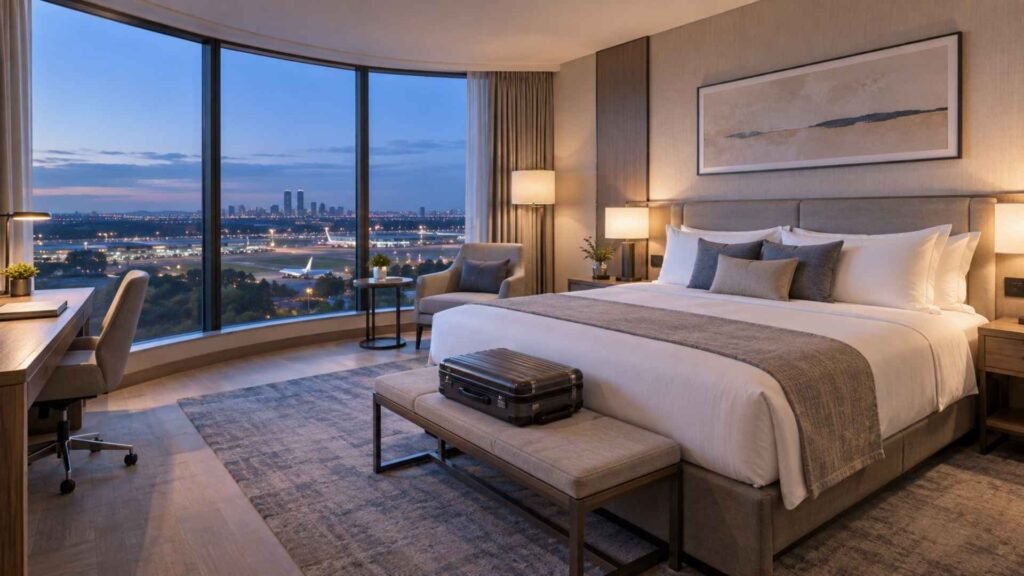 Premium airport hotel room with a king bed and evening views near Madrid Barajas Airport