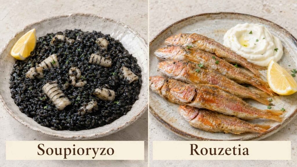 Rhodian seafood dishes featuring soupioryzo with cuttlefish and black rice, and fried rouzetia served with skordalia.