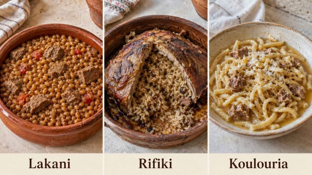Traditional Rhodian dishes featuring lakani with meat and wheat, rice-stuffed rifiki, and handmade koulouria pasta.
