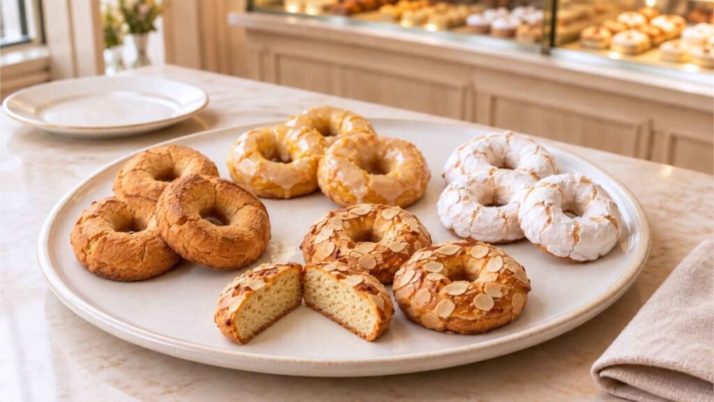 Assorted Rosquillas de San Isidro displayed in a Madrid pastry shop