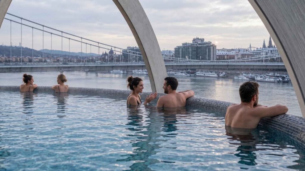 People relaxing and talking in the panoramic rooftop infinity pool of Rudas Baths, Budapest, overlooking the Danube River, Elizabeth Bridge