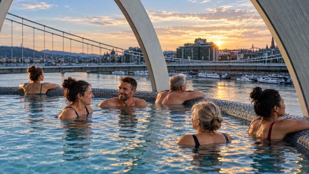 Adult visitors relaxing in the rooftop pool at Rudas Thermal Bath overlooking the Danube in Budapest