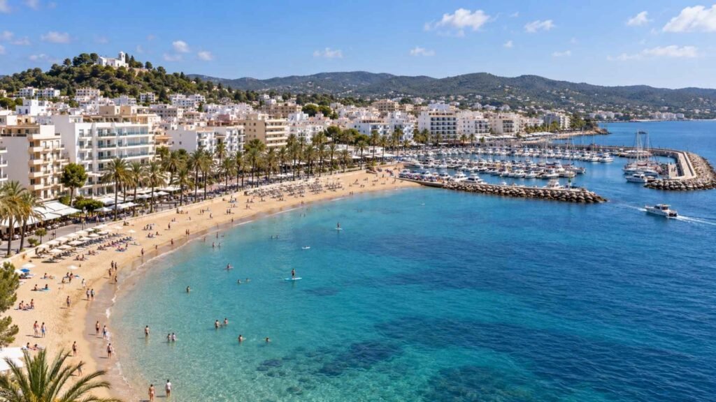 Santa Eulària beach, marina and Puig de Missa in Ibiza