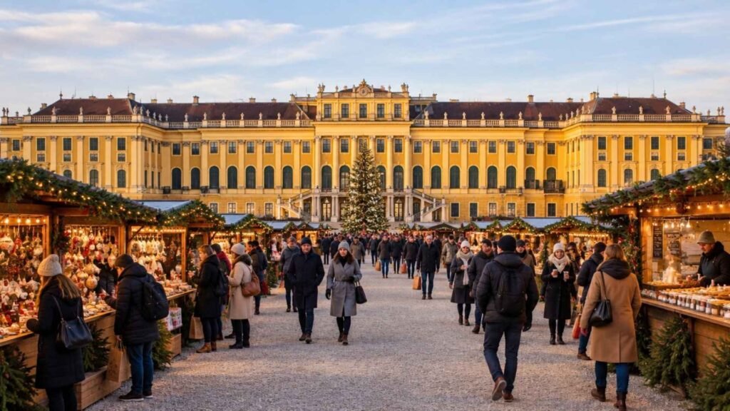 Christmas market stalls and visitors in front of the yellow façade of Schönbrunn Palace