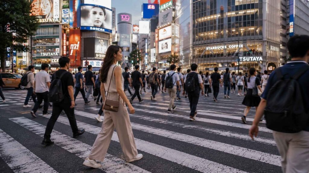 Female traveler crossing Shibuya Scramble Crossing among pedestrians in Tokyo