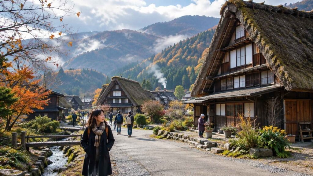 Female traveller exploring Shirakawa-go among traditional gassho-zukuri farmhouses and autumn-covered Japanese mountains