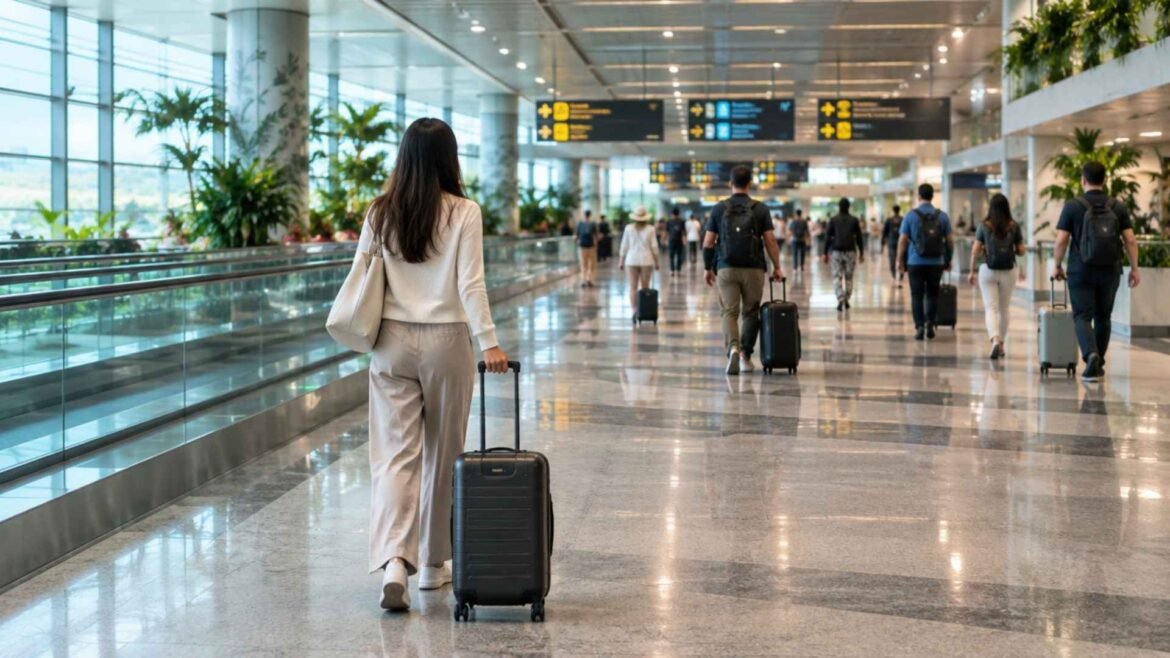 Singapore Changi Airport arrival with a woman pulling a black suitcase through a bright terminal with tropical greenery