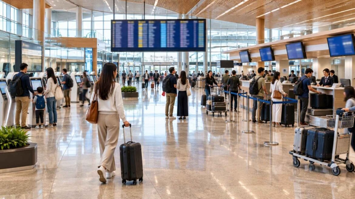 Singapore Changi Airport Guide showing travellers with luggage at check-in counters in a bright and busy modern airport terminal