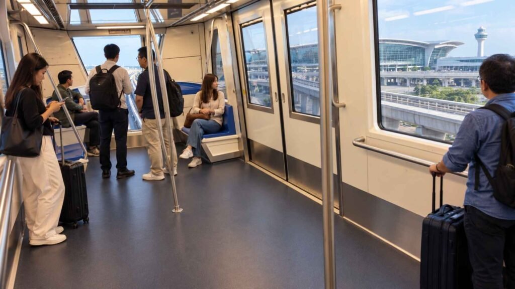 Passengers with cabin luggage inside the Changi Airport Skytrain between Terminals 1, 2 and 3
