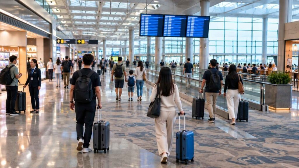 Singapore Changi Airport terminal layout showing travellers moving through a bright concourse with flight-information screens and a moving walkway