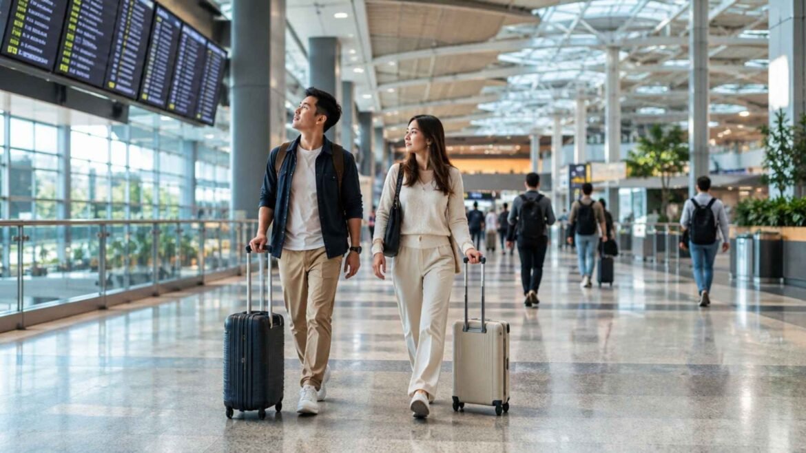 Singapore Changi Airport Transit passengers walking with cabin suitcases beneath flight information screens
