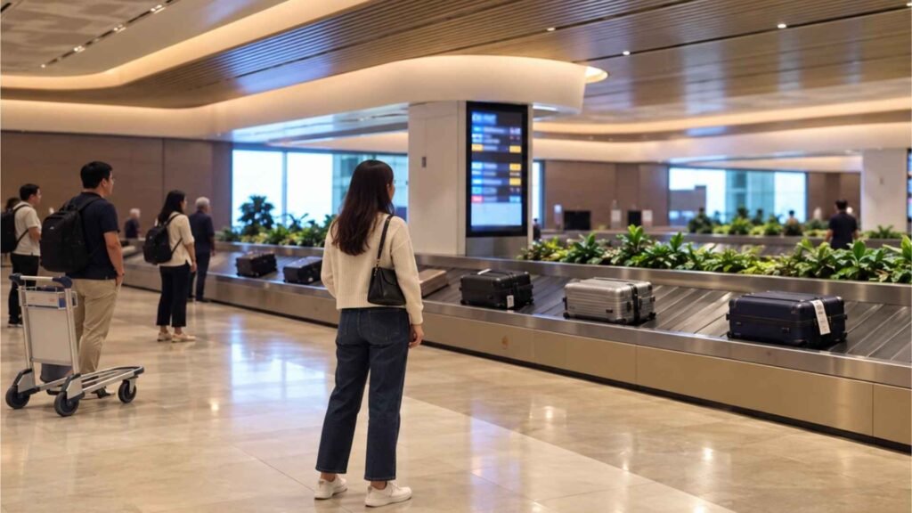Female traveller checking the flight information screen beside a baggage carousel at Singapore Changi Airport
