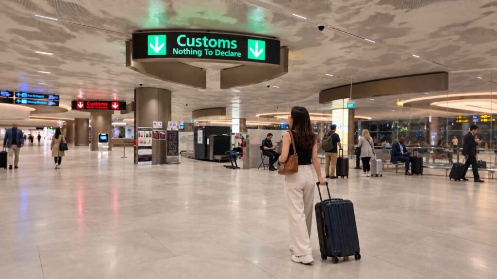 Female traveller choosing between the green and red customs channels at Singapore Changi Airport with her suitcase