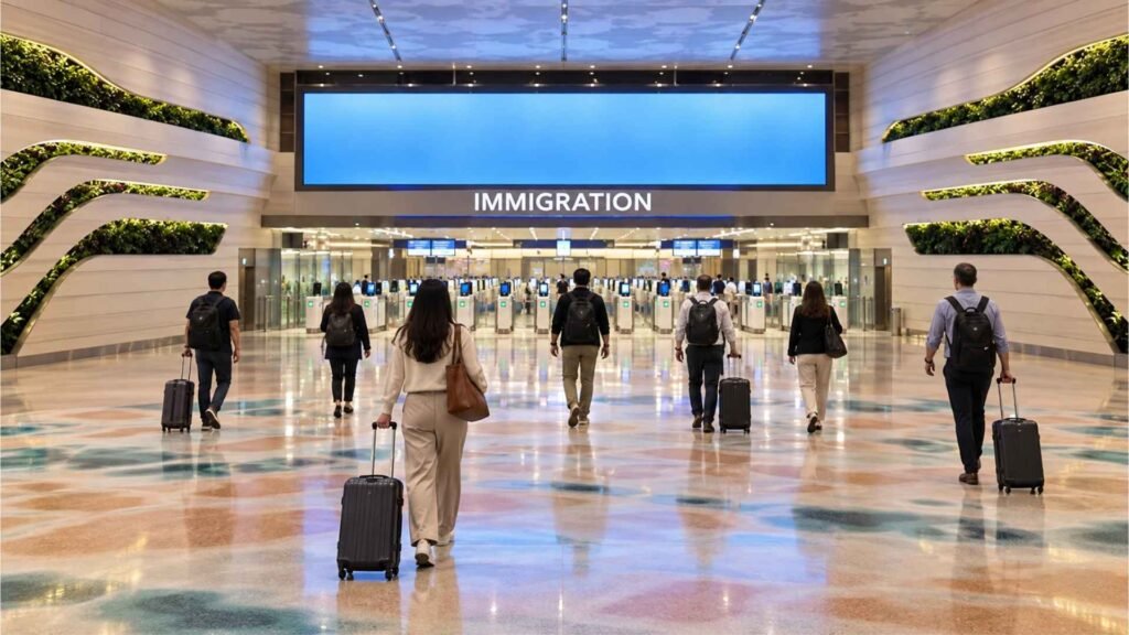 Arriving passengers walking towards the immigration gates at Singapore Changi Airport with cabin luggage