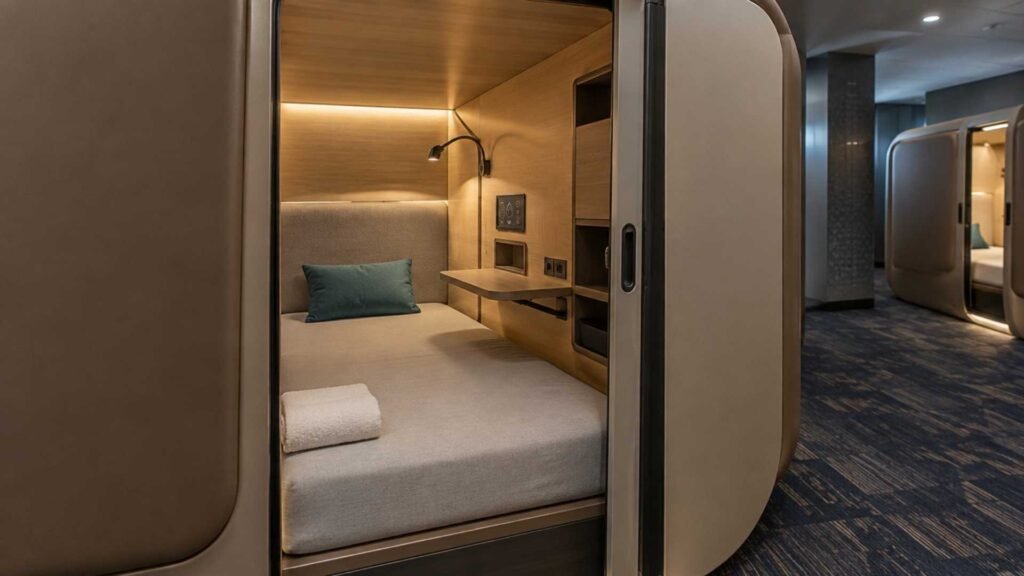 Compact airside sleeping pod with a single flat bed, reading light, control panel and small workspace inside Dubai Airport Terminal 3.