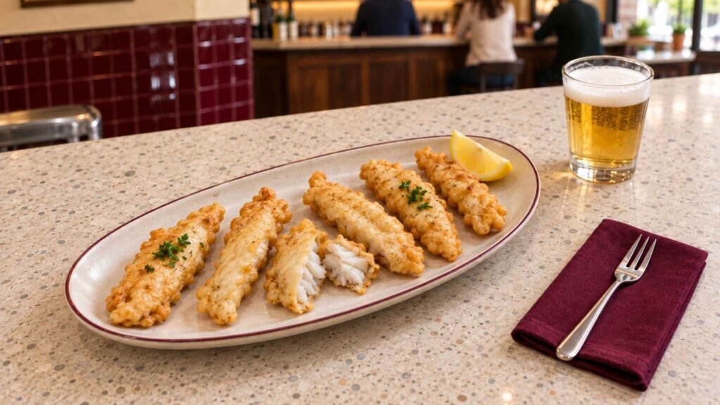 Soldaditos de Pavía fried cod strips served with lemon in a Madrid tapas bar