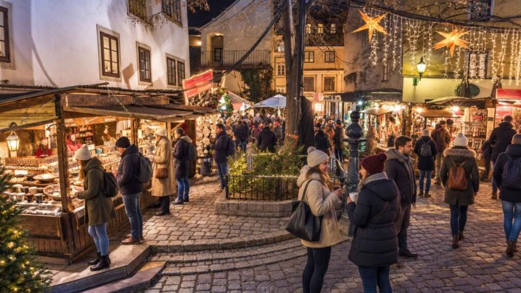 Visitors browsing stalls along the cobbled lanes of the Spittelberg Christmas market in Vienna