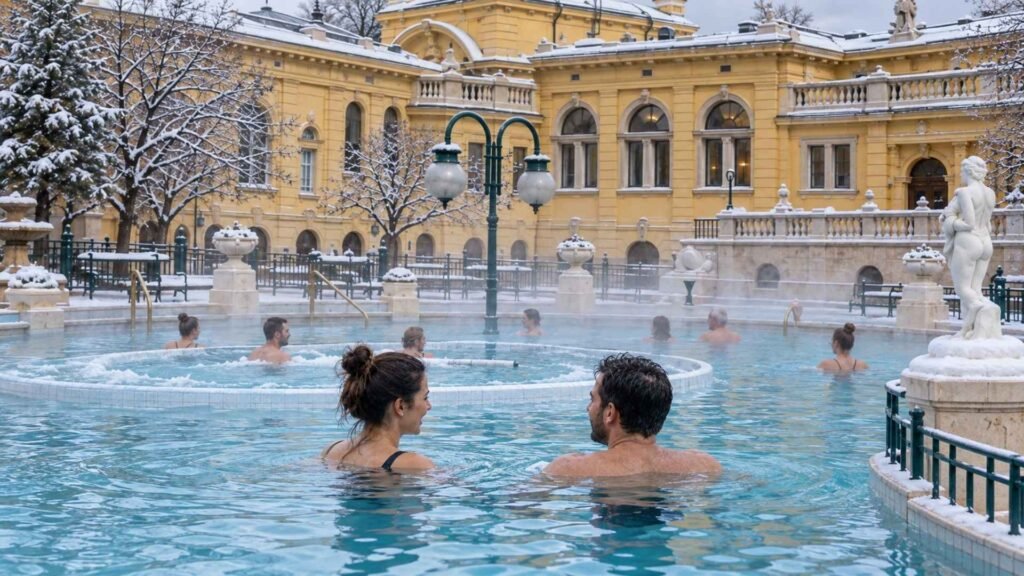 Two adults relaxing in an outdoor pool at Széchenyi Thermal Bath, with gentle steam and snow-dusted yellow buildings.