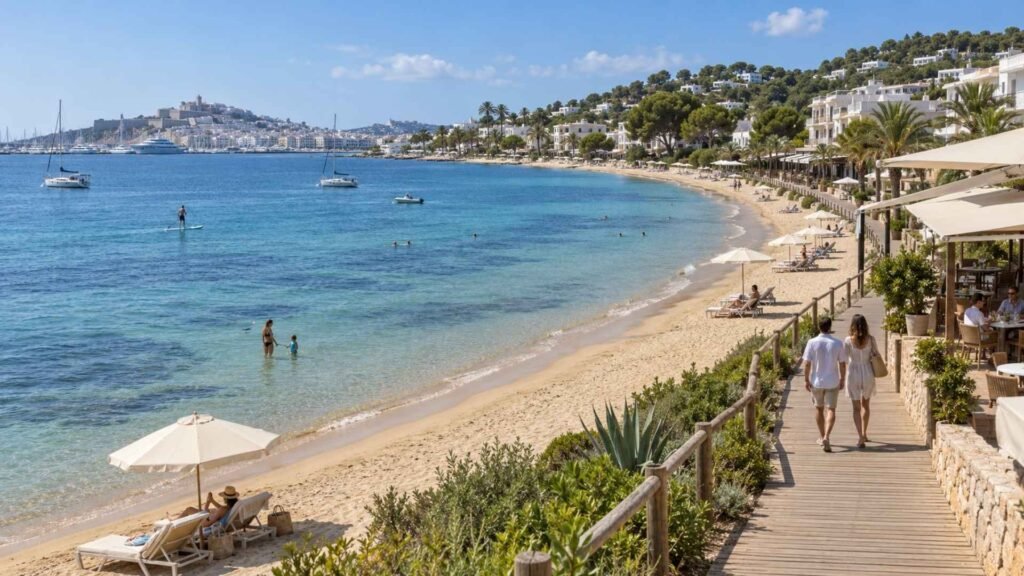 Talamanca Beach and its wooden promenade near Ibiza Town