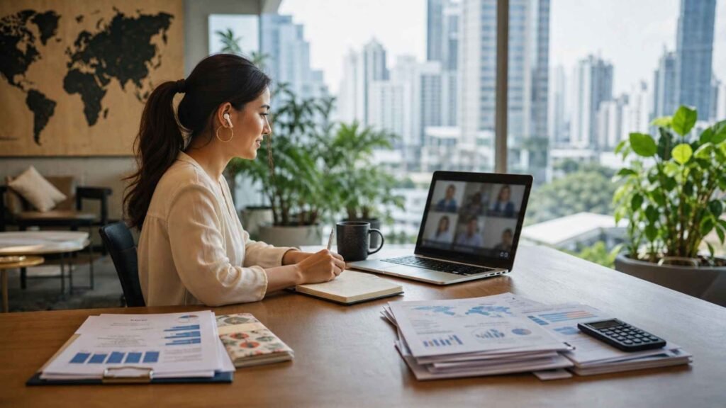 A digital nomad working from Bangkok with overseas clients while reviewing documents related to Thai-sourced and foreign-sourced income