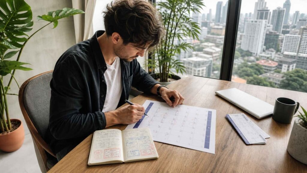 A digital nomad tracking days on a calendar beside an open passport for Thailand’s 180-day tax residency rule