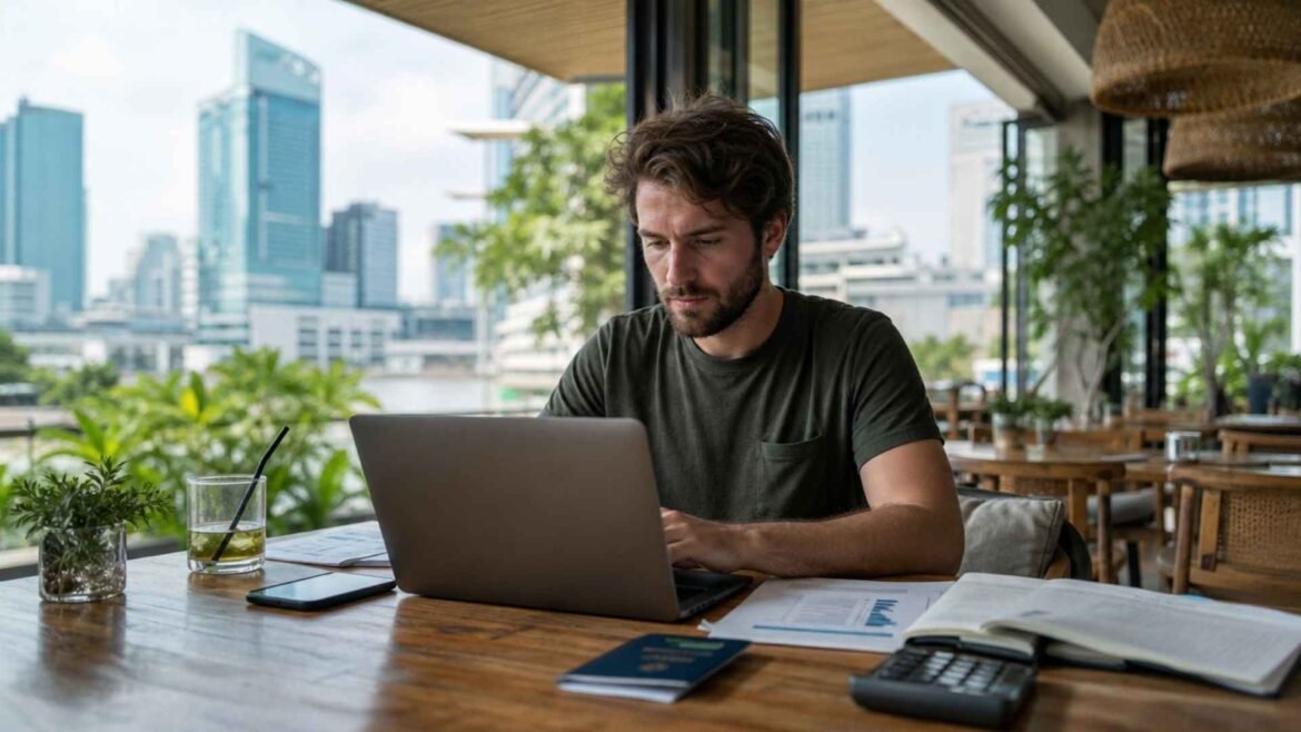 Thailand digital nomad taxes with a remote worker reviewing financial documents and working on a laptop in Bangkok