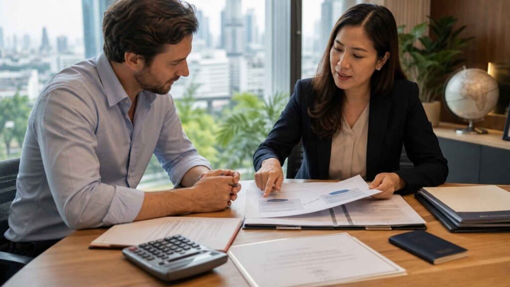 A digital nomad consulting a Thai tax adviser about a double taxation agreement while comparing tax documents from two countries in Bangkok