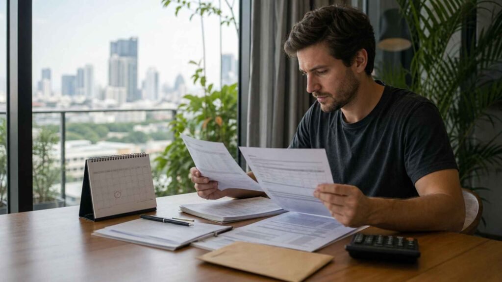 A digital nomad reviewing a missed Thai tax filing deadline, payment documents and possible late charges in a Bangkok apartment
