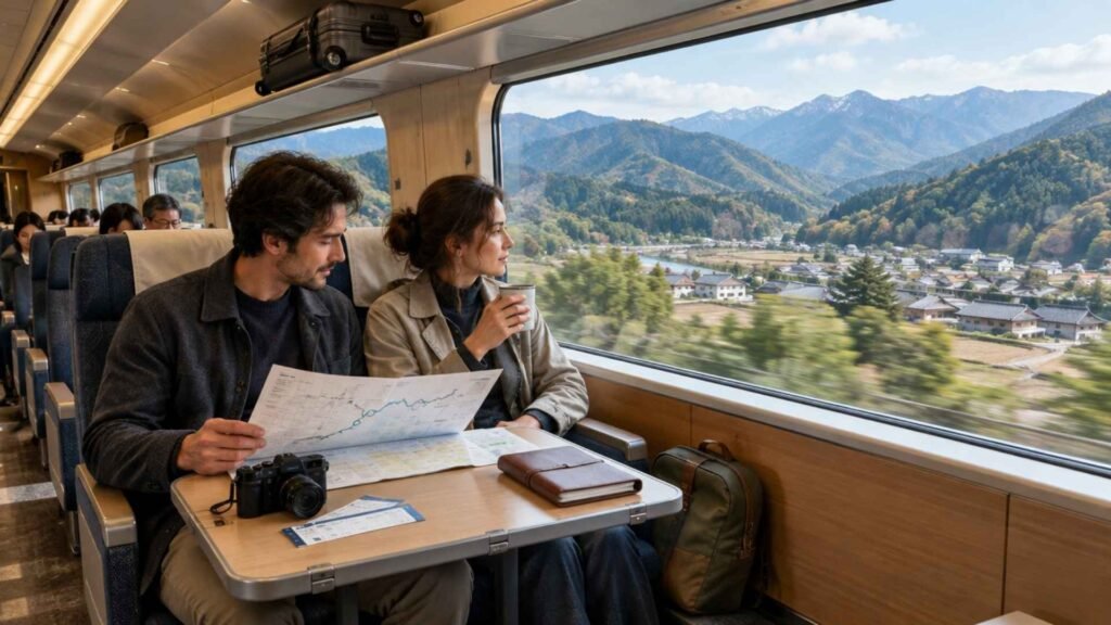Two travellers planning their three-week Japan itinerary aboard a scenic train passing through the Japanese Alps