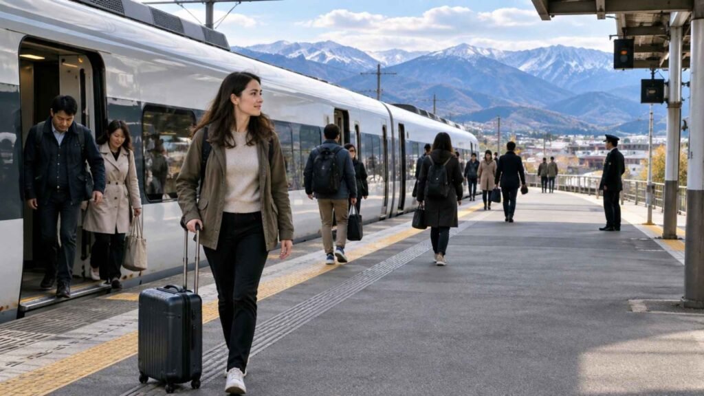 Female traveller arriving at Matsumoto Station by limited-express train with a rolling suitcase and the Japanese Alps in the background