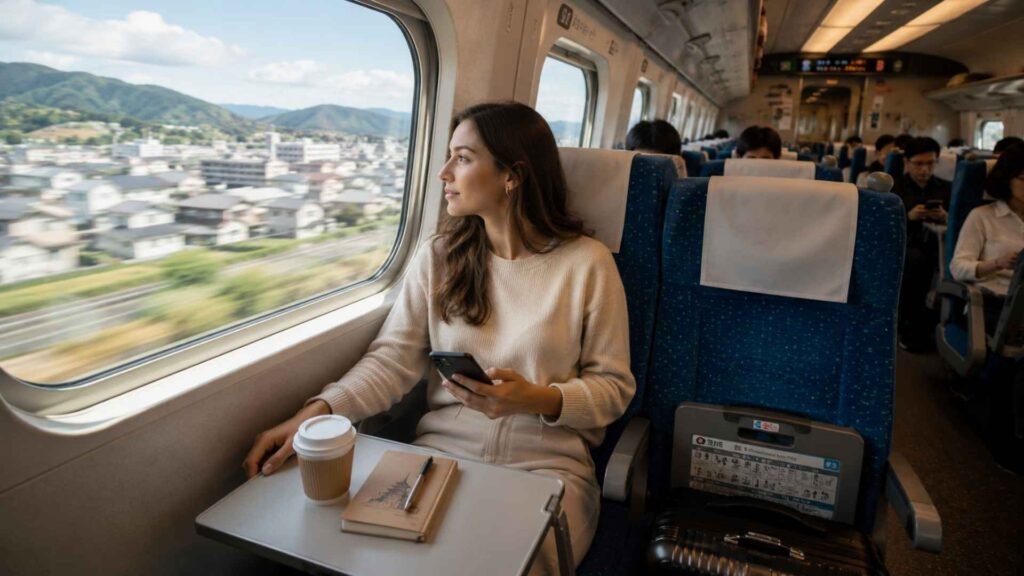 Female traveler riding the Shinkansen from Tokyo to Kyoto during a seven-day Japan trip