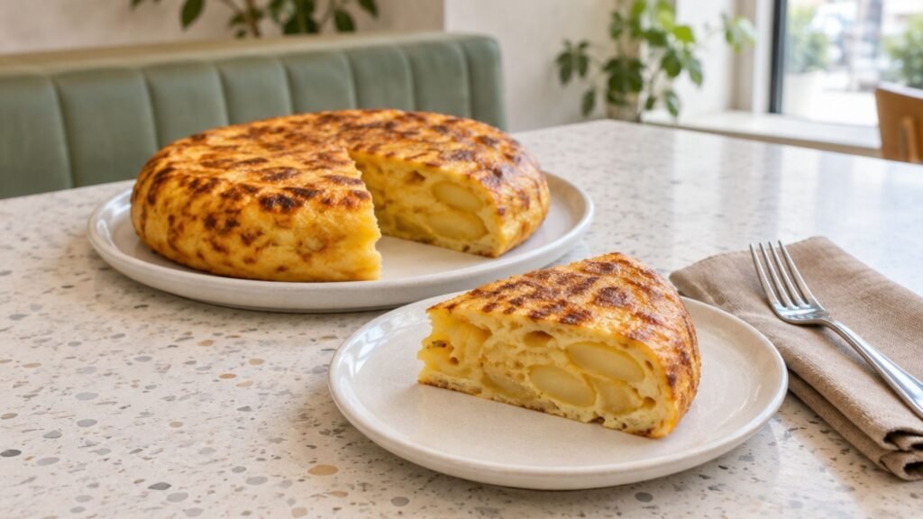 Traditional tortilla de patatas served in a contemporary Madrid café
