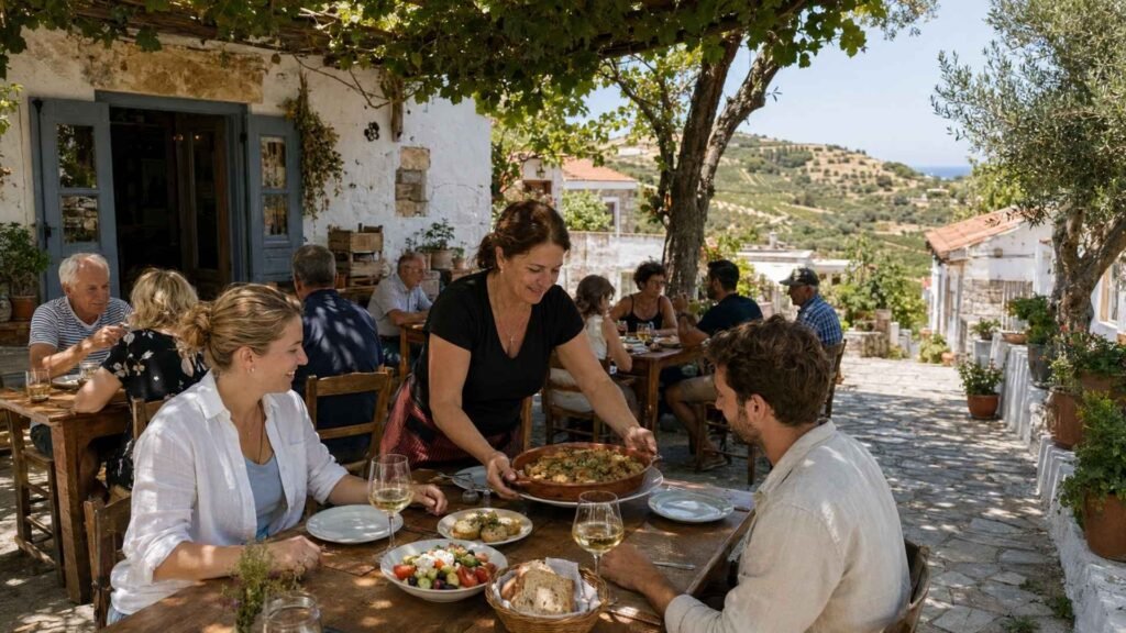 Travelers enjoying traditional Rhodian food at a family-run village taverna surrounded by vineyards and olive-covered hills.
