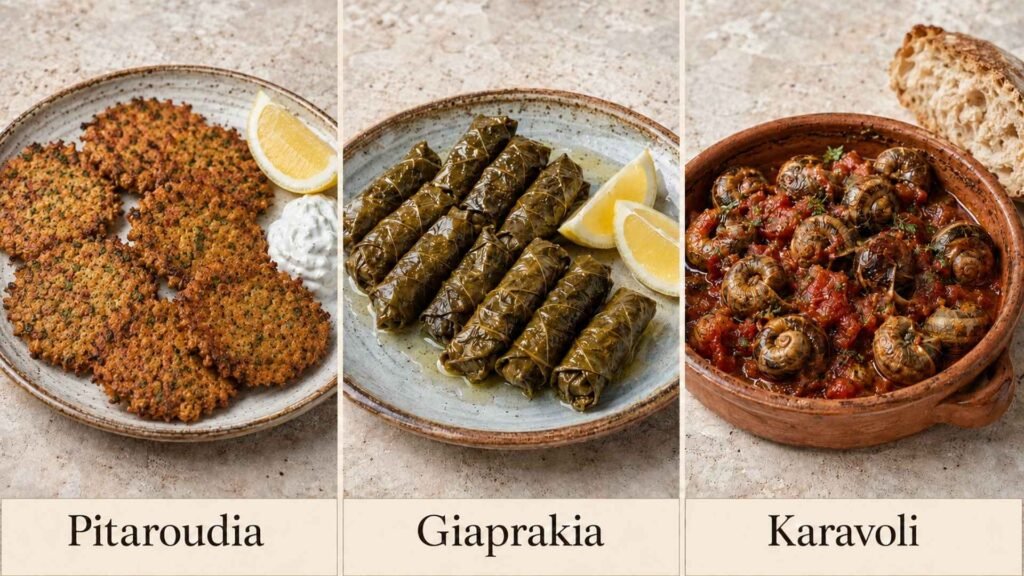 Traditional Rhodian starters featuring pitaroudia chickpea fritters, giaprakia stuffed vine leaves and karavoli snails in tomato sauce.