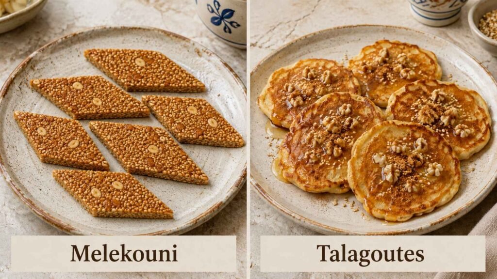 Traditional Rhodian sweets featuring diamond-shaped melekouni with sesame and honey, and talagoutes pancakes topped with walnuts and cinnamon.